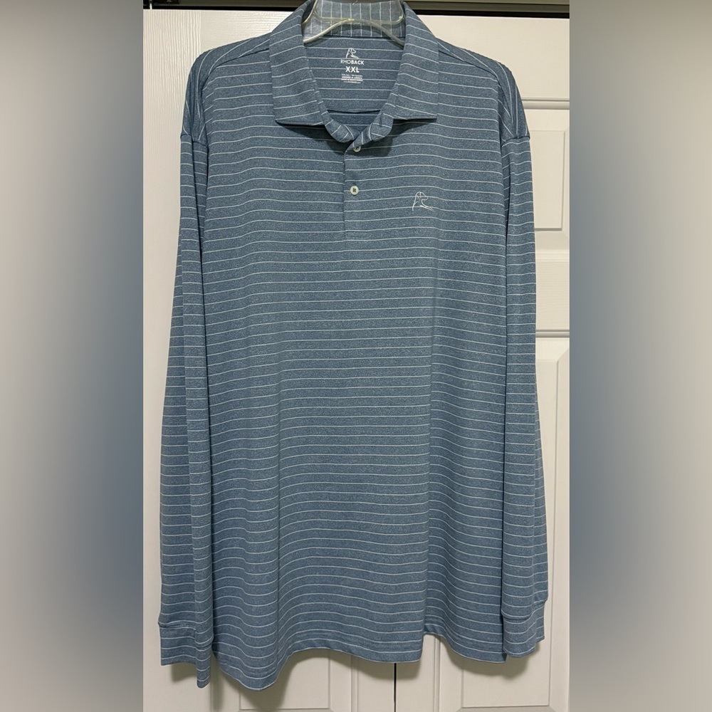 Rhoback Mens 2XL Blue White Striped Polyester Long Sleeve Performance Shirt
